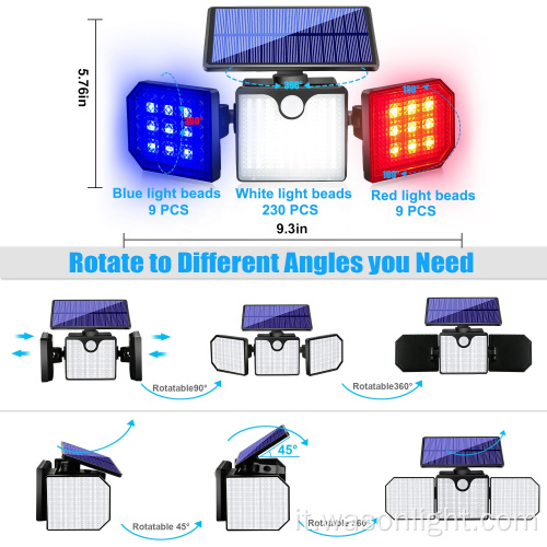 2023 NUOVO IP65 IP65 Giardino esterno impermeabile Energia solare Wireless Red Blue Security Wall Avviso Luce con sensore di movimento PIR